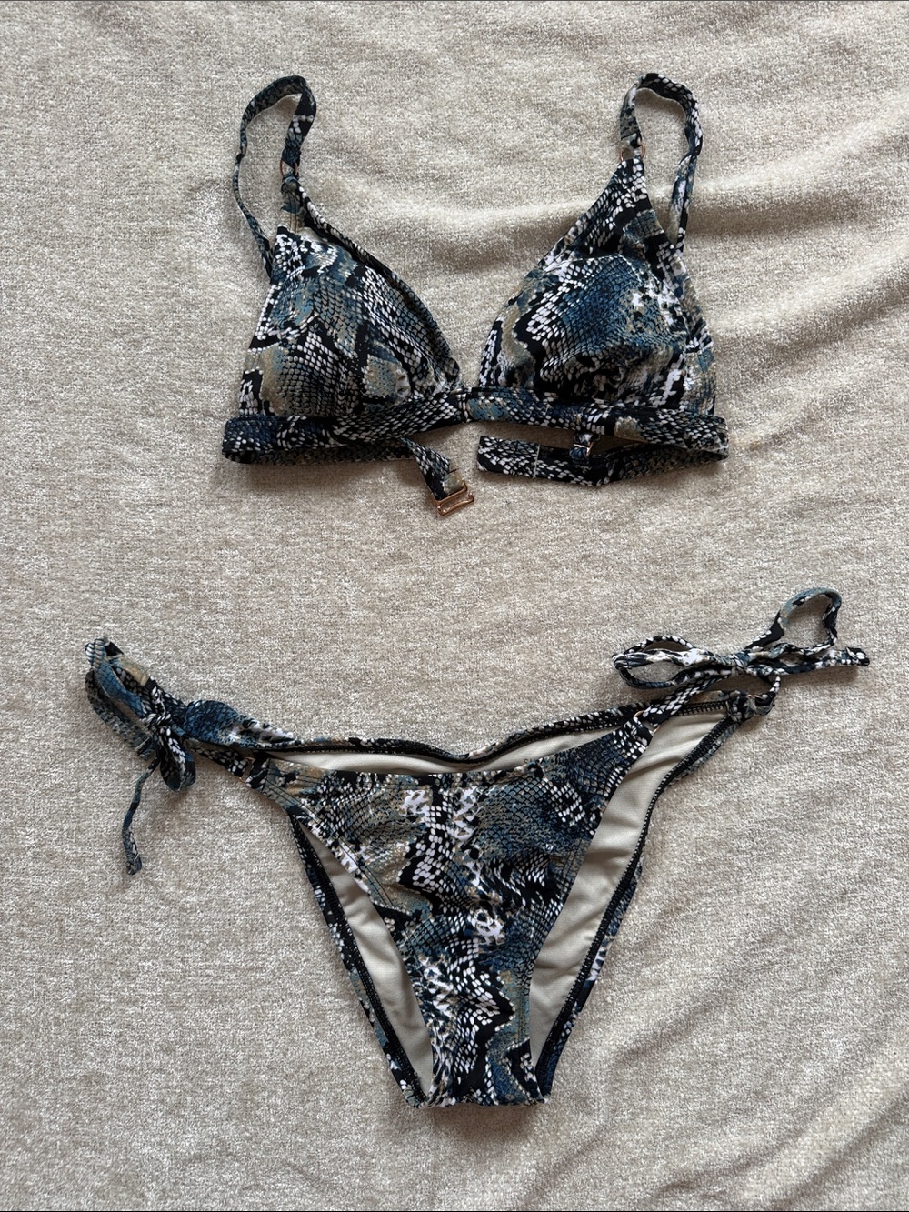 Snake-Print Tie-Side Bikini Set in Blue and Black